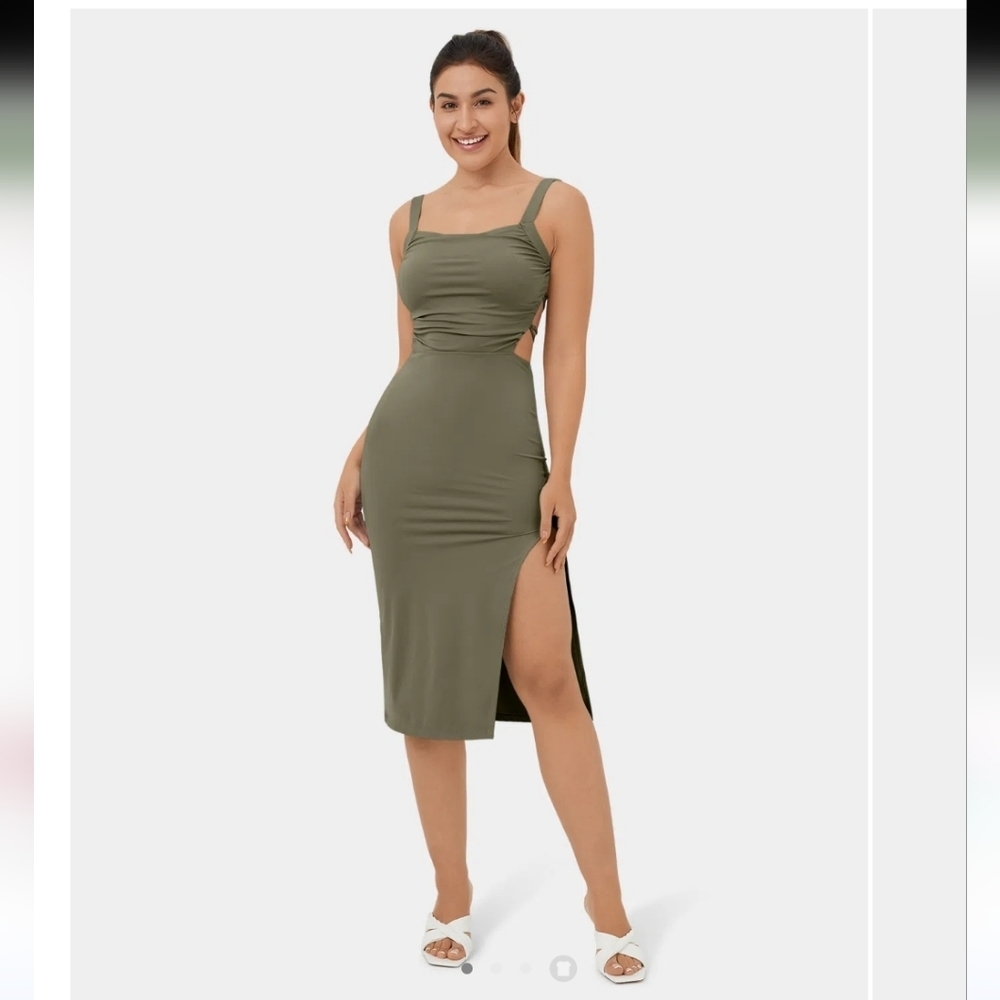 Ruched Backless Crisscross Lace Up Split Bodycon Midi Casual Dress